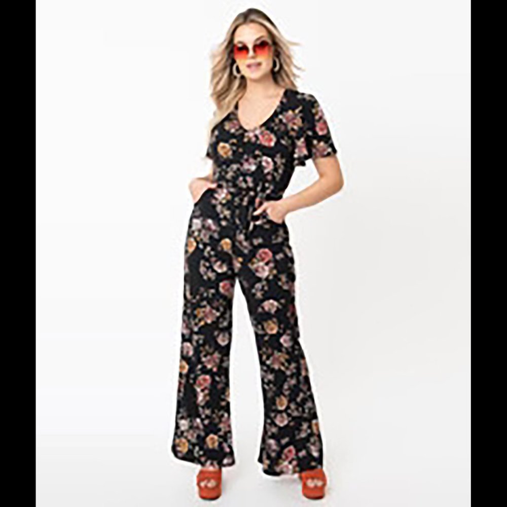 NEW with Tags NWT Unique Vintage Black & Pink Floral Heddy Jumpsuit - S/4